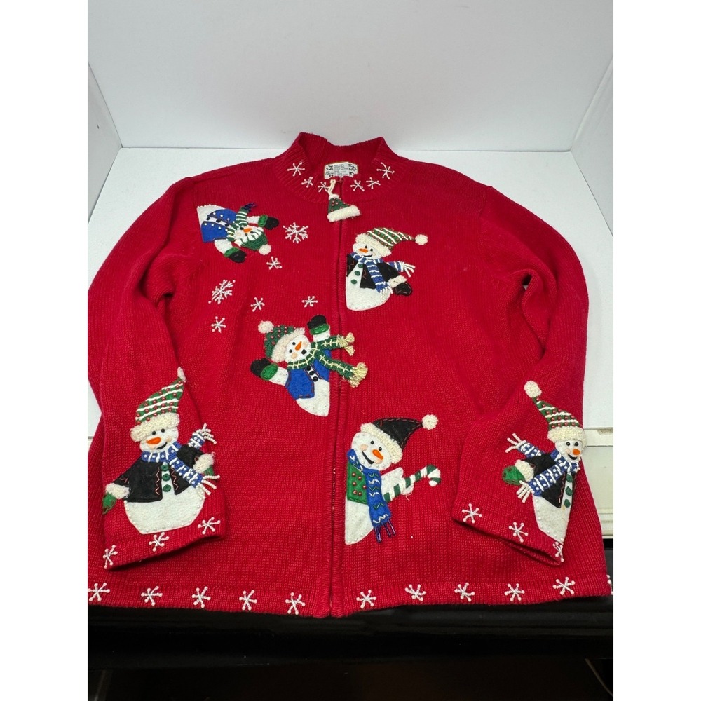 Heirloom Collectibles Red Christmas Snowman Knit Cardigan Sweater Small Zip A5